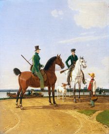 Hunter and Lord at the River Isar with View of Munich, 1823. Creator: Wilhelm von Kobell (German, 1766-1853)