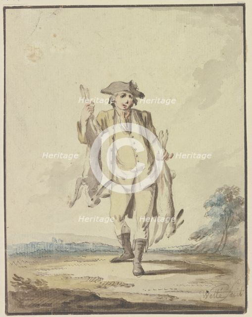 Hunter carrying two hares, late 18th century. Creator: Gottlieb Welte.