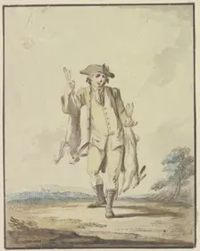 Hunter carrying two hares, late 18th century. Creator: Gottlieb Welte