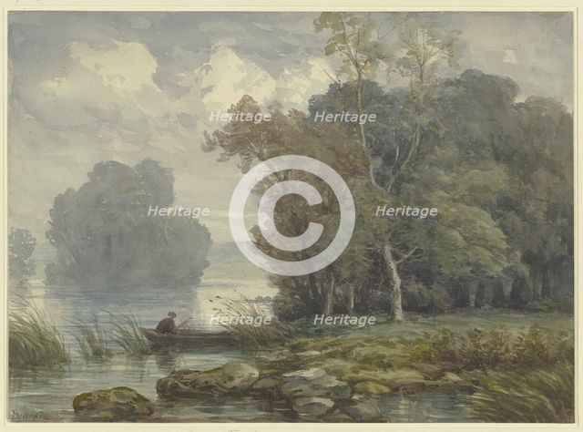 Hunter in a boat on a wooded shore, 19th century. Creator: Karl Peter Burnitz.