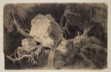 Hunter Standing in Cave near Rock and Waterfall, c1828. Creator: Thomas Cole