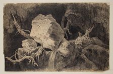 Hunter Standing in Cave near Rock and Waterfall, c1828. Creator: Thomas Cole