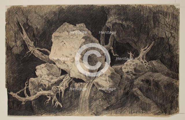 Hunter Standing in Cave near Rock and Waterfall, c1828. Creator: Thomas Cole.