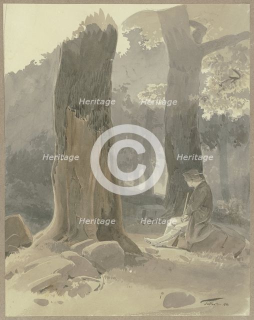 Hunter sitting on a rock in the forest near Königstein-Falkenstein, 1841. Creator: Carl Theodor Reiffenstein.