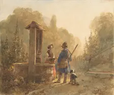 Hunter talking to a farmer's wife at a well, next to him a dog, 1797-1870. Creator: Andreas Schelfhout
