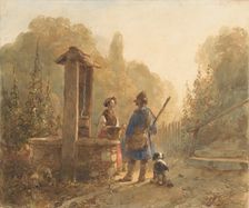 Hunter talking to a farmer's wife at a well, next to him a dog, 1797-1870. Creator: Andreas Schelfhout