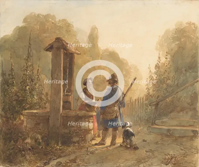 Hunter talking to a farmer's wife at a well, next to him a dog, 1797-1870. Creator: Andreas Schelfhout.