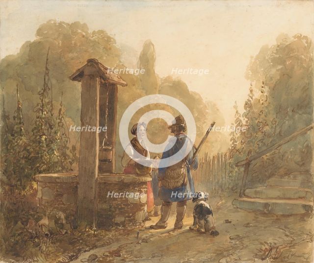 Hunter talking to a farmer's wife at a well, next to him a dog, 1797-1870. Creator: Andreas Schelfhout.
