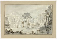 Hunter with Dog, Other Figures in Landscape with Villa, Canal, Pyramid, n.d. Creator: Gaspar van Wittell