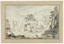 Hunter with Dog, Other Figures in Landscape with Villa, Canal, Pyramid, n.d. Creator: Gaspar van Wittell