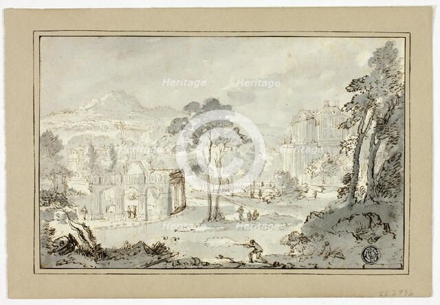Hunter with Dog, Other Figures in Landscape with Villa, Canal, Pyramid, n.d. Creator: Gaspar van Wittell.