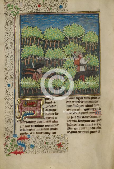 Hunters Training Dogs to Track a Quarry; Livre de la Chasse, about 1430-1440. Creator: Unknown.