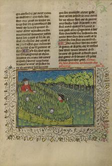 Hunters with Bells Driving Hares into a Net; Livre de la Chasse, about 1430-1440. Creator: Unknown