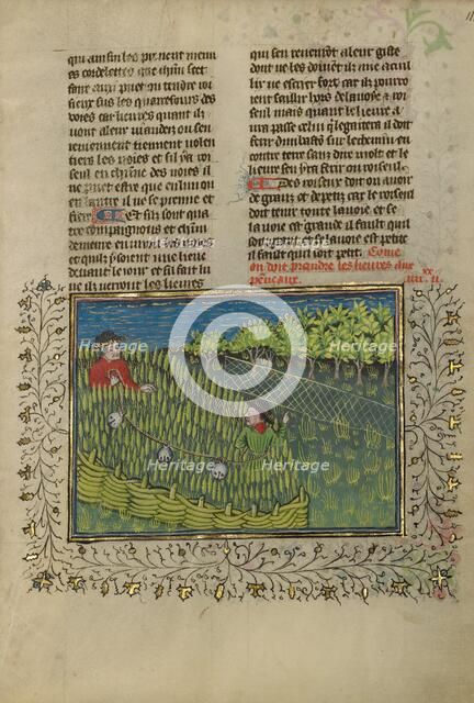 Hunters with Bells Driving Hares into a Net; Livre de la Chasse, about 1430-1440. Creator: Unknown.