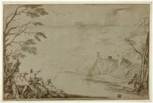 Hunters with Dog Beside River, n.d. Creator: Marco Ricci