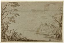 Hunters with Dog Beside River, n.d. Creator: Marco Ricci