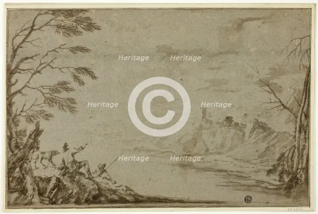 Hunters with Dog Beside River, n.d. Creator: Marco Ricci.