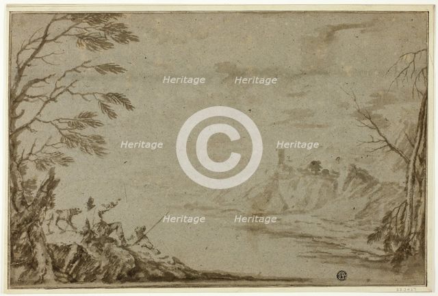 Hunters with Dog Beside River, n.d. Creator: Marco Ricci.