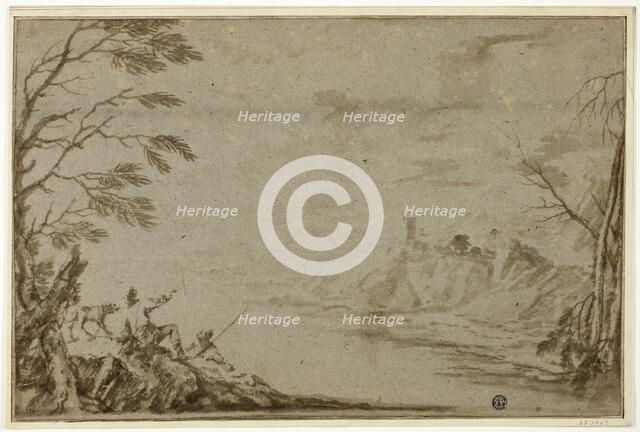 Hunters with Dog Beside River, n.d. Creator: Marco Ricci.