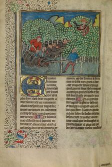 Hunters and Dogs Capturing a Bear; Livre de la Chasse, about 1430-1440. Creator: Unknown