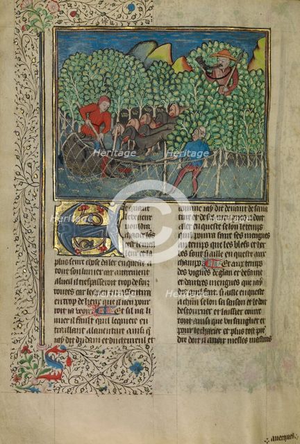 Hunters and Dogs Capturing a Bear; Livre de la Chasse, about 1430-1440. Creator: Unknown.