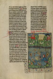 Hunters and Dogs Ferreting out Rabbits; Livre de la Chasse, about 1430-1440. Creator: Unknown