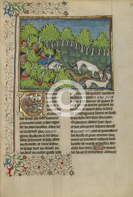 Hunters and Dogs Killing a Wolf; Livre de la Chasse, about 1430-1440. Creator: Unknown.