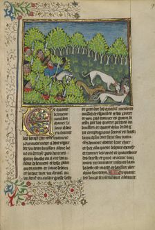 Hunters and Dogs Killing a Wolf; Livre de la Chasse, about 1430-1440. Creator: Unknown