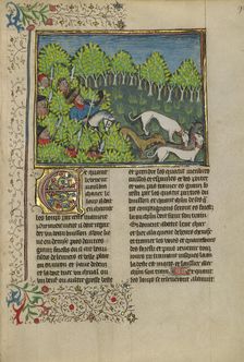 Hunters and Dogs Killing a Wolf; Livre de la Chasse, about 1430-1440. Creator: Unknown