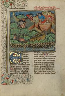 Hunters and Dogs Pursuing a Wild Goat; Livre de la Chasse; A Boar Hunt, about 1430-1440. Creator: Unknown