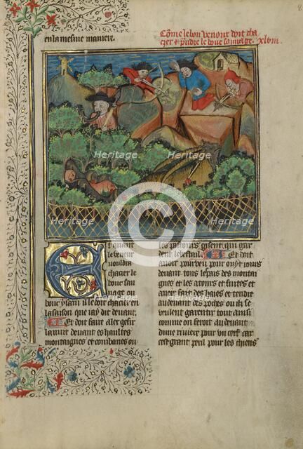 Hunters and Dogs Pursuing a Wild Goat; Livre de la Chasse; A Boar Hunt, about 1430-1440. Creator: Unknown.
