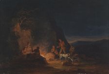 Hunters at a campfire, 1813. Creator: Alexander Lauréus