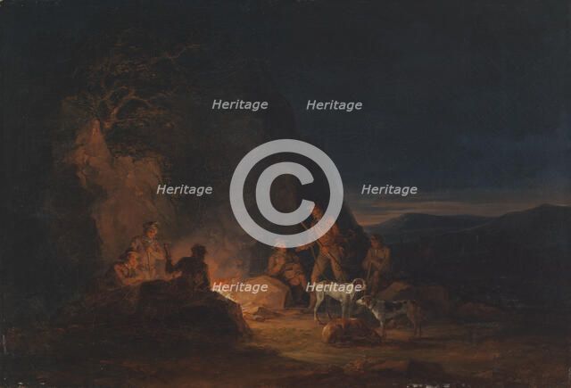 Hunters at a campfire, 1813. Creator: Alexander Lauréus.
