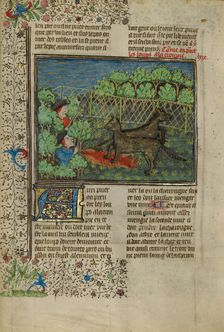 Hunters Attracting Wolves with Carrion; Livre de la Chasse, about 1430-1440. Creator: Unknown