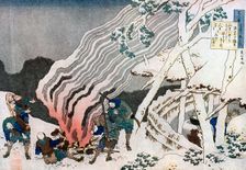 Hunters by a fire in the snow, c1835.Artist: Hokusai