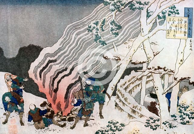 Hunters by a fire in the snow, c1835.Artist: Hokusai