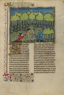 Hunters Cutting Trees to Make Traps; Livre de la Chasse, about 1430-1440. Creator: Unknown