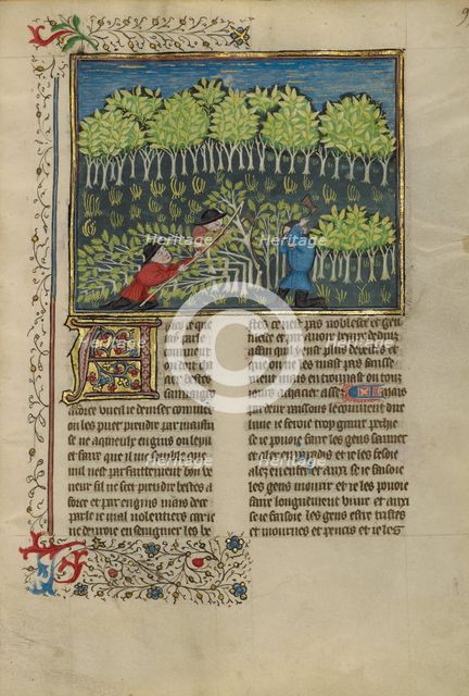 Hunters Cutting Trees to Make Traps; Livre de la Chasse, about 1430-1440. Creator: Unknown.