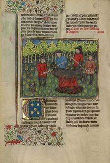 Hunters Dismembering a Boar's Carcass; Hunters Roasting a Dismembered Boar's..., about 1430-1440. Creator: Unknown