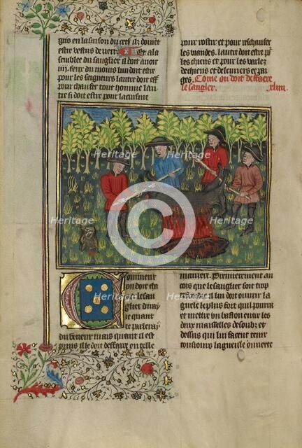 Hunters Dismembering a Boar's Carcass; Hunters Roasting a Dismembered Boar's..., about 1430-1440. Creator: Unknown.