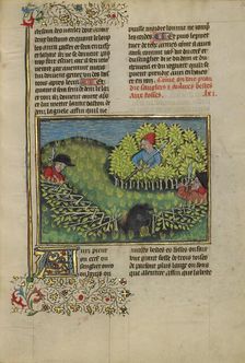 Hunters Driving a Wild Boar into a Pit; Livre de la Chasse, about 1430-1440. Creator: Unknown