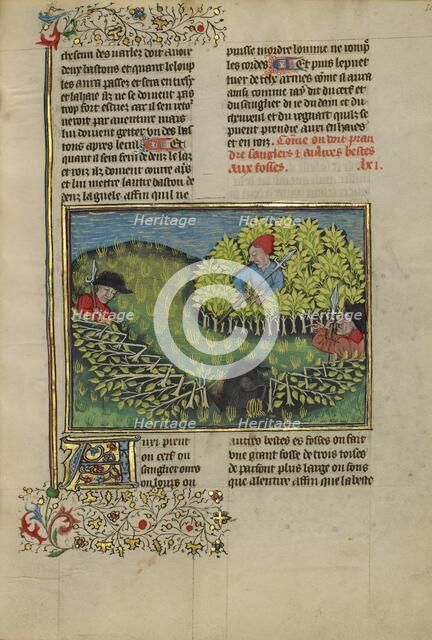 Hunters Driving a Wild Boar into a Pit; Livre de la Chasse, about 1430-1440. Creator: Unknown.