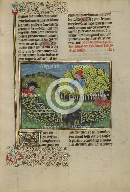 Hunters Driving a Wild Boar into a Pit; Livre de la Chasse, about 1430-1440. Creator: Unknown.
