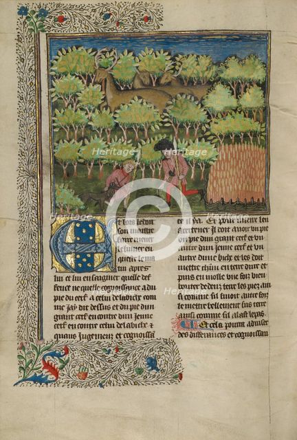 Hunters Examining a Deer's Hoofprints; Livre de la Chasse, about 1430-1440. Creator: Unknown.