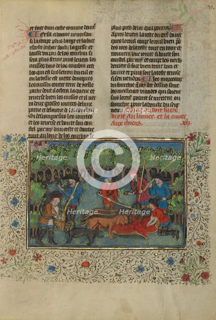 Hunters Feeding a Deer's Remains to Dogs; Livre de la Chasse, about 1430-1440. Creator: Unknown.