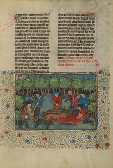 Hunters Feeding a Deer's Remains to Dogs; Livre de la Chasse, about 1430-1440. Creator: Unknown