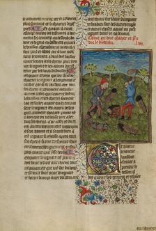 Hunters Ferreting Out Badgers; Livre de la Chasse, about 1430-1440. Creator: Unknown