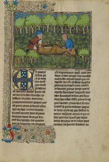 Hunters Flaying a Deer's Carcass; Livre de la Chasse, about 1430-1440. Creator: Unknown