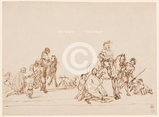 Hunters Giving Alms to Beggars, n.d. Creator: Carel van Falens.