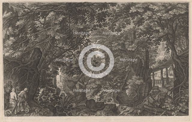 Hunters in a Forest near a Wooden Bridge, 1600/1615. Creators: Aegidius Sadeler II, Pieter Stevens.